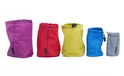 detail visible^^Each size of Travel Stuff Sack in a line from largest to smallest.