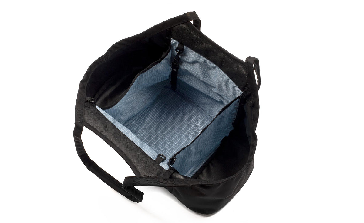 visible variant TB0619-BK7D^^The Truckasana in Black/Tidal blue. Top-down photo shows the empty bag with its three compartments.