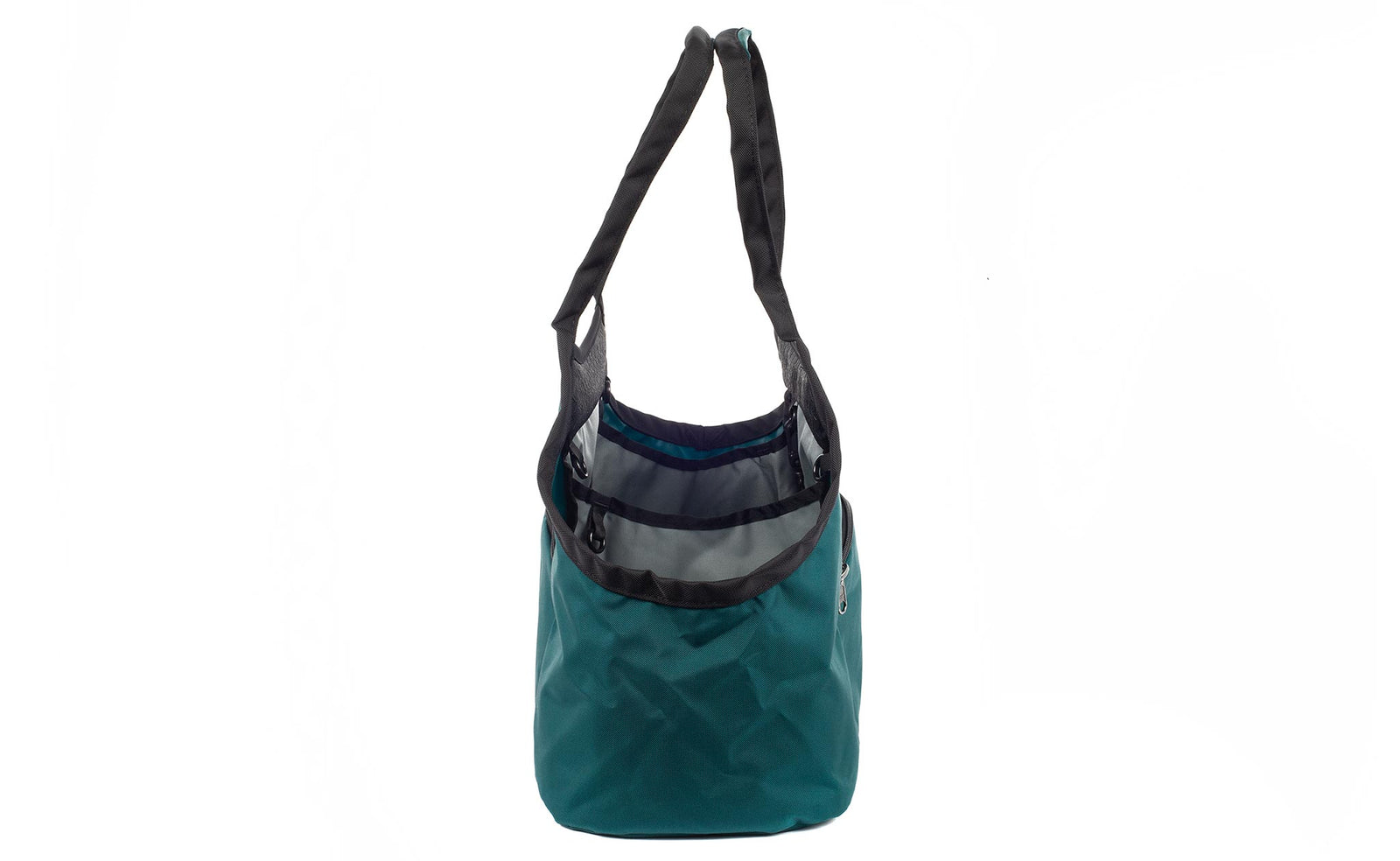 visible variant TB0619-SRLJ^^The Truckasana in Seapine green and Cloud grey lining. Side view of the bag.