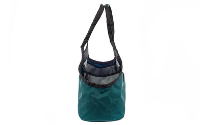 visible variant TB0619-SRLJ^^The Truckasana in Seapine green and Cloud grey lining. Side view of the bag.