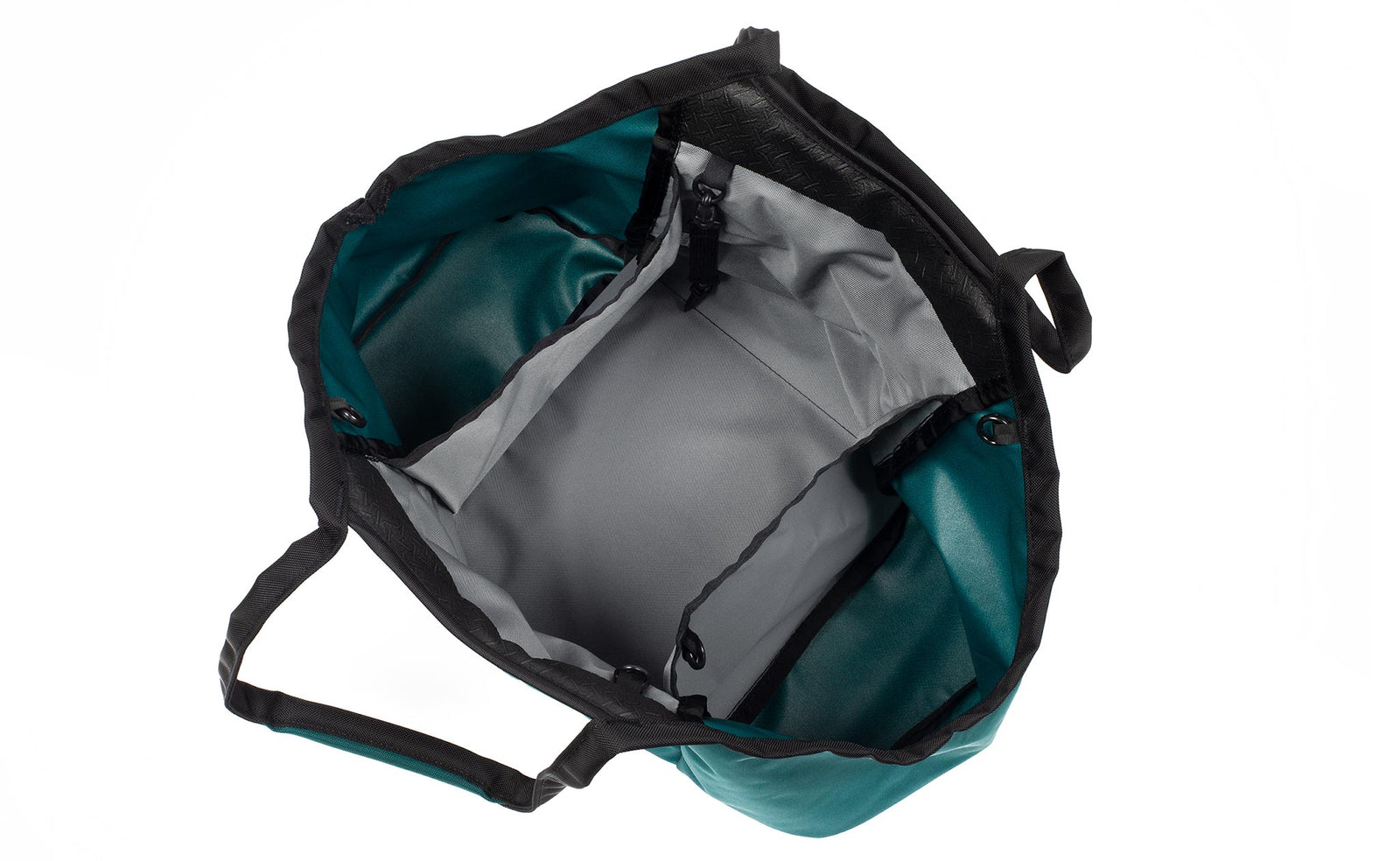 visible variant TB0619-SRLJ^^The Truckasana in Seapine green with Cloud grey lining. Top-down photo shows the empty three main compartments of the bag.