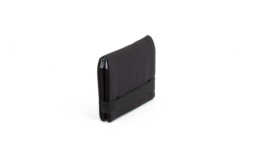 visible variant TB1277-BJ^^The Size 1 Nik's Minimalist Wallet in Black 210 Ballistic closed with the attached elastic band.