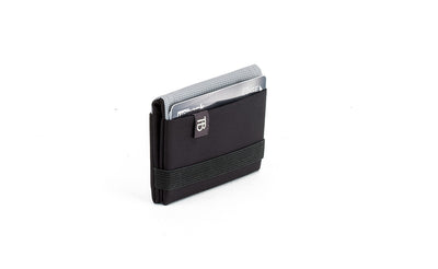 visible variant TB1277-BJ^^The Size 1 Nik's Minimalist Wallet in Black 210 Ballistic closed pockets-out with the attached elastic band.