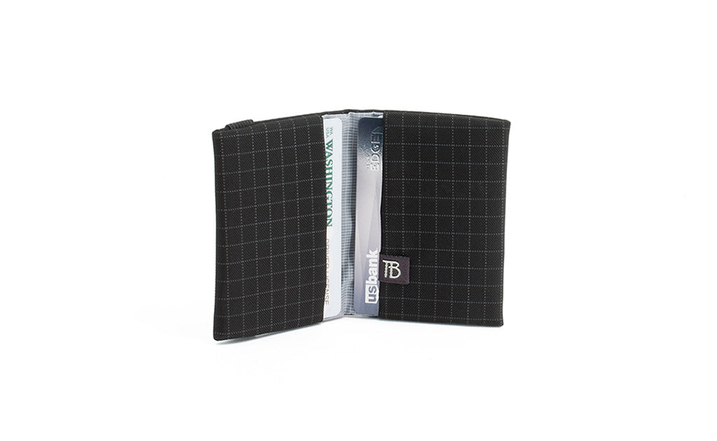 visible variant TB1277-BH^^The Size 1 Nik's Minimalist Wallet in Black (black with grey grid) 400 Halcyon.