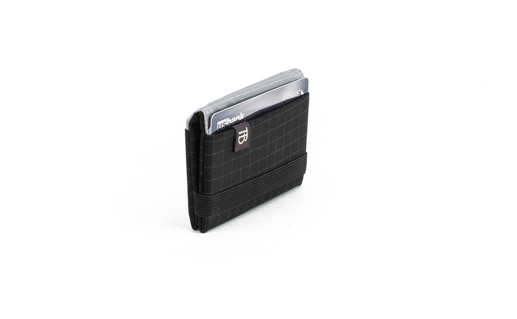 visible variant TB1277-BH^^The Size 1 Nik's Minimalist Wallet in Black (black with grey grid) 400 Halcyon closed pockets-out with the attached elastic band.