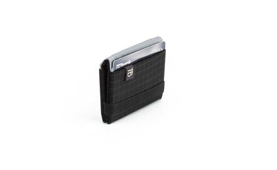 visible variant TB1277-BH^^The Size 1 Nik's Minimalist Wallet in Black (black with grey grid) 400 Halcyon closed pockets-out with the attached elastic band.