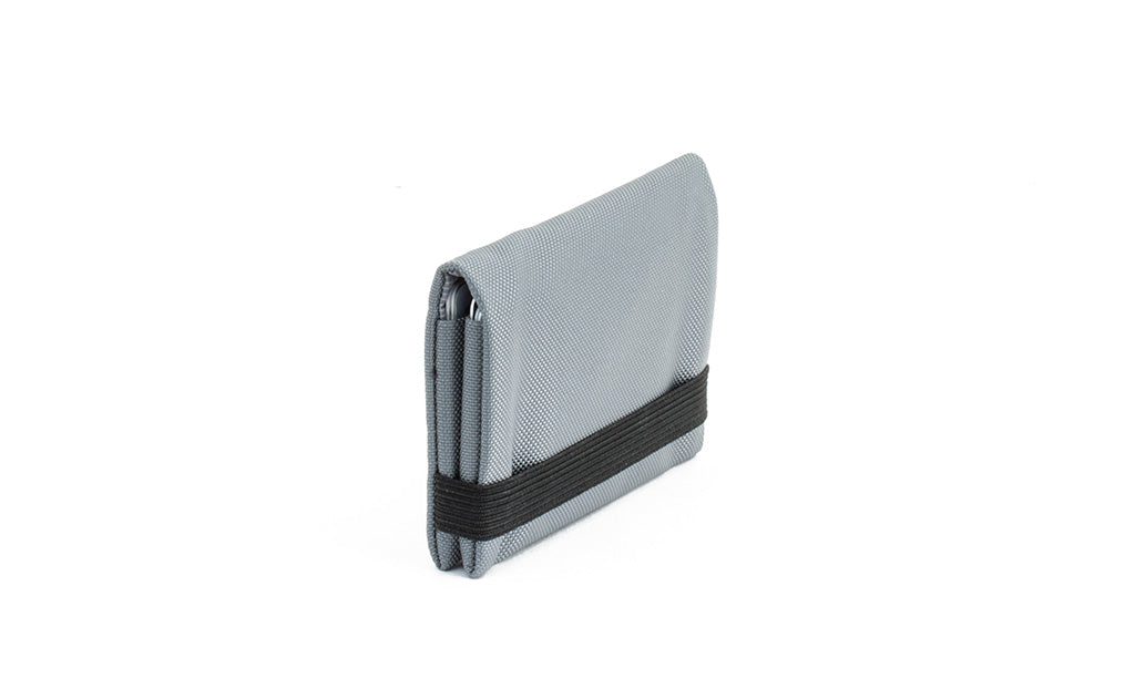 visible variant TB1277-LJ^^The Size 1 Nik's Minimalist Wallet in Cloud (light grey) 210 Ballistic closed with the attached elastic band.
