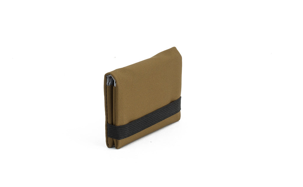 visible variant TB1277-CJ^^The Size 1 Nik's Minimalist Wallet in Coyote (tan) 210 Ballistic closed with the attached elastic band.
