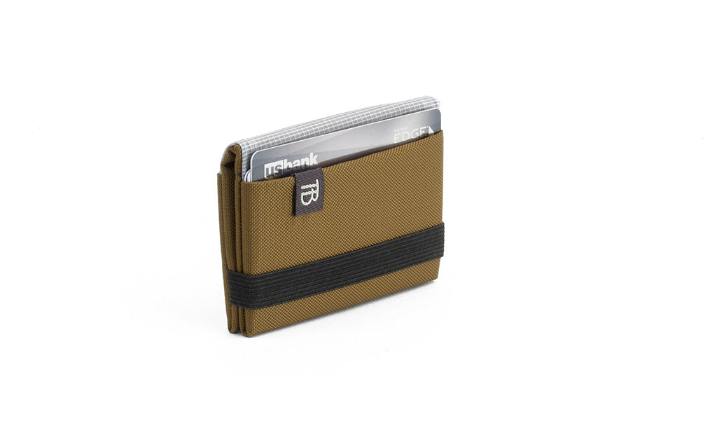visible variant TB1277-CJ^^The Size 1 Nik's Minimalist Wallet in Coyote (tan) 210 Ballistic closed pockets-out with the attached elastic band.
