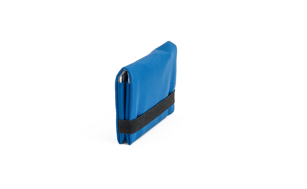 visible variant TB1277-IJ^^The Size 1 Nik's Minimalist Wallet in Island (blue) 210 Ballistic closed with the attached elastic band.