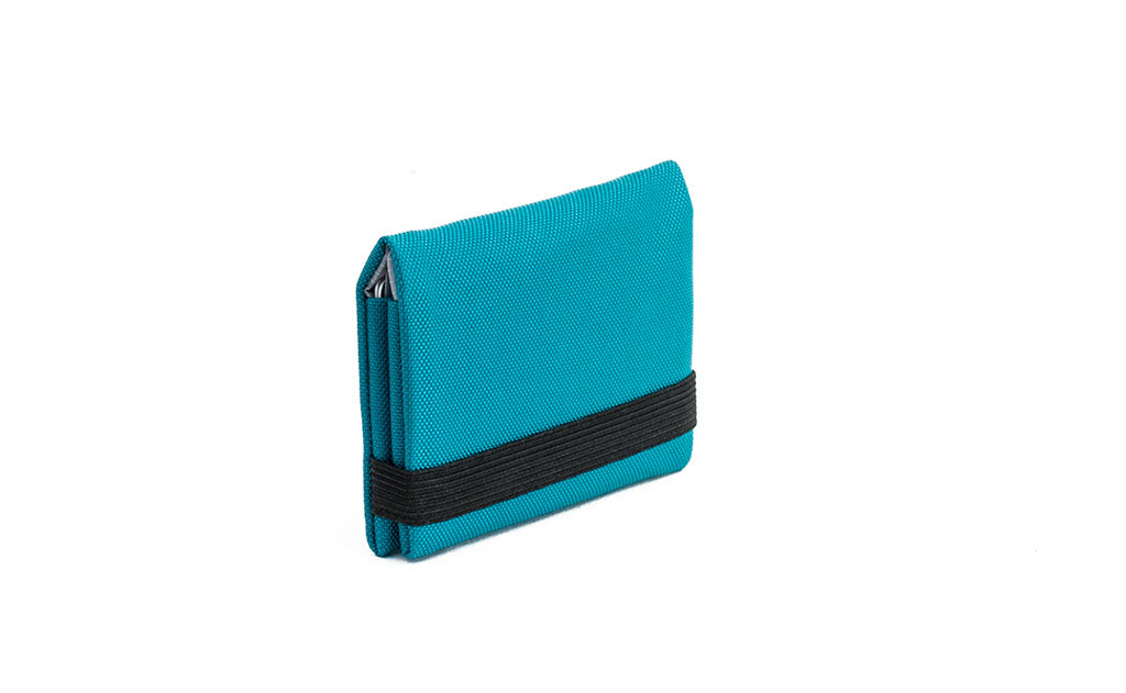 visible variant TB1277-VJ^^The Size 1 Nik's Minimalist Wallet in Viridian (blue-green) 210 Ballistic closed with the attached elastic band.
