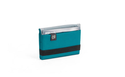 visible variant TB1277-VJ^^The Size 1 Nik's Minimalist Wallet in Viridian (blue-green) 210 Ballistic closed pockets-out with the attached elastic band.