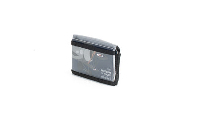visible variant TB1279-BH^^The Size 3 Nik's Minimalist Wallet in Black (black with grey grid) 400 Halcyon closed interior pockets-out with the attached elastic band.