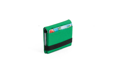 visible variant TB1279-GJ^^The Size 3 Nik's Minimalist Wallet in Grass (bright green) 210 Ballistic closed with the attached elastic band.