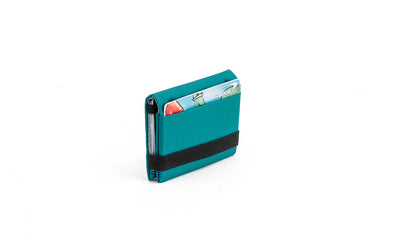 visible variant TB1279-VJ^^The Size 3 Nik's Minimalist Wallet in Viridian (blue-green) 210 Ballistic closed with the attached elastic band.