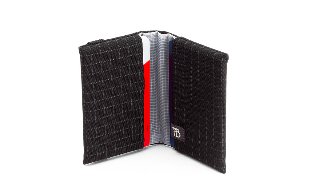 visible variant TB1275-BH^^The Size 5 Nik's Minimalist Wallet in Black (black with grey grid) 400 Halcyon.