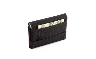 visible variant TB1275-BH^^The Size 5 Nik's Minimalist Wallet in Black (black with grey grid) 400 Halcyon closed interior pockets-out with the attached elastic band.