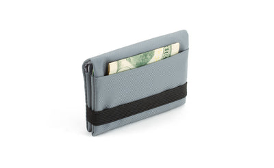 visible variant TB1275-LJ^^The Size 5 Nik's Minimalist Wallet in Cloud (light grey) 210 Ballistic closed interior pockets-out with the attached elastic band.