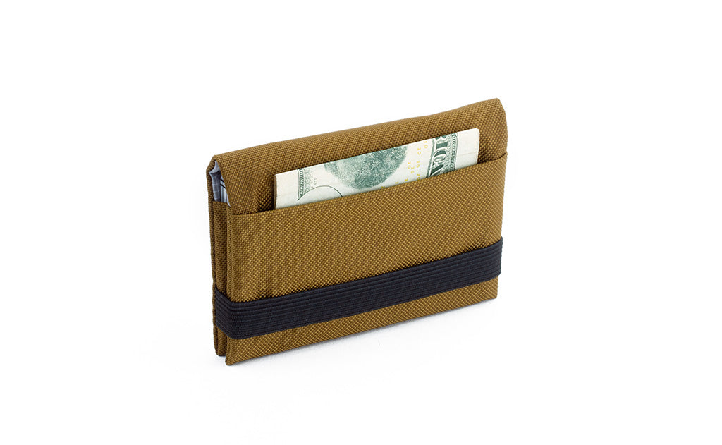 visible variant TB1275-CJ^^The Size 5 Nik's Minimalist Wallet in Coyote (tan) 210 Ballistic closed with the attached elastic band.