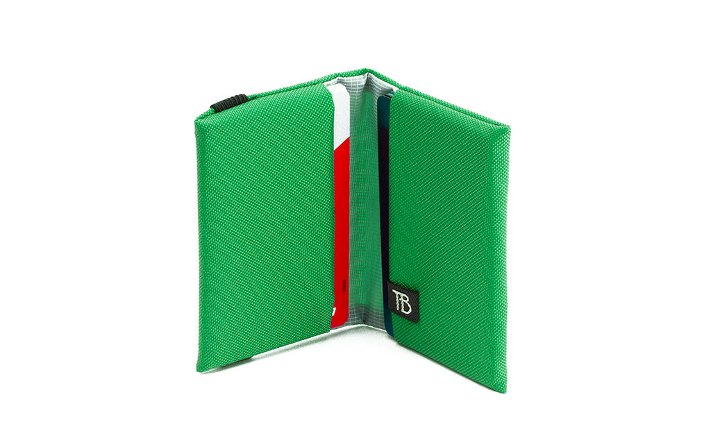 visible variant TB1275-GJ^^The Size 5 Nik's Minimalist Wallet in Grass (bright green) 210 Ballistic with the attached elastic band.