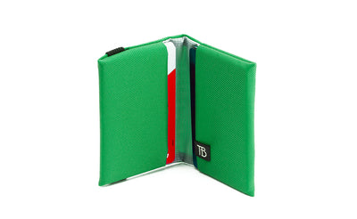 visible variant TB1275-GJ^^The Size 5 Nik's Minimalist Wallet in Grass (bright green) 210 Ballistic with the attached elastic band.