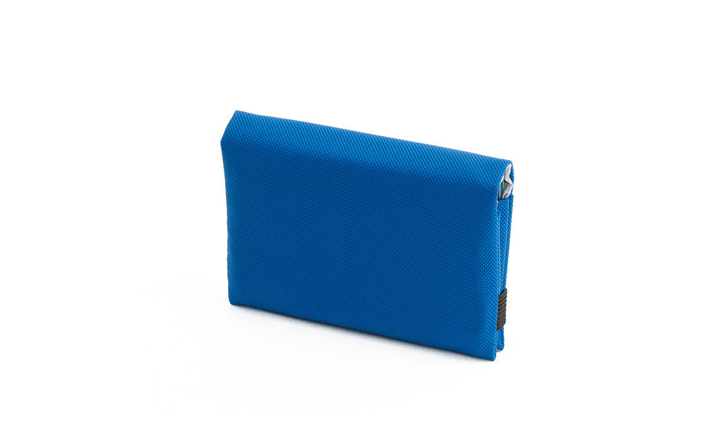 visible variant TB1275-IJ^^The Size 5 Nik's Minimalist Wallet in Island (blue) 210 Ballistic closed interior pockets-out with the attached elastic band.