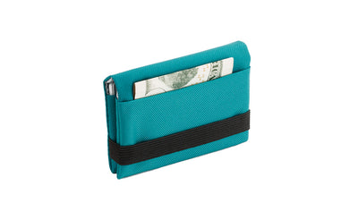 visible variant TB1275-VJ^^The Size 5 Nik's Minimalist Wallet in Viridian (blue-green) 210 Ballistic closed interior pockets-out with the attached elastic band.