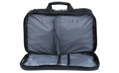 detail visible^^A front shot of the front pocket of a Black 525 Ballistic exterior open showing the Steel (dark grey) 200 Halcyon interior's zippered divider unzipped.