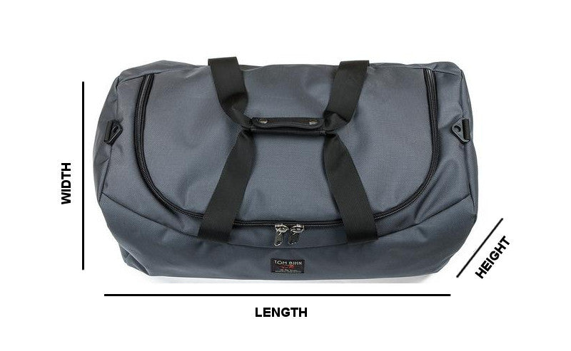 detail visible ^^ A diagram showing the width (front to back), length (right to left) and height (top to bottom) of the Yeoman Duffel.