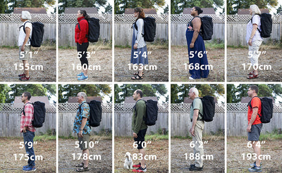lifestyle visible^^People of different shapes and sizes from 5'1" to 6'4" wearing an Aeronaut 45 on their back.