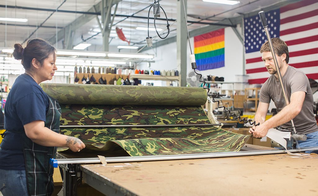 visible ^^ Two people unrolling the Beaver Camo used on the Beaver Transfer Bags