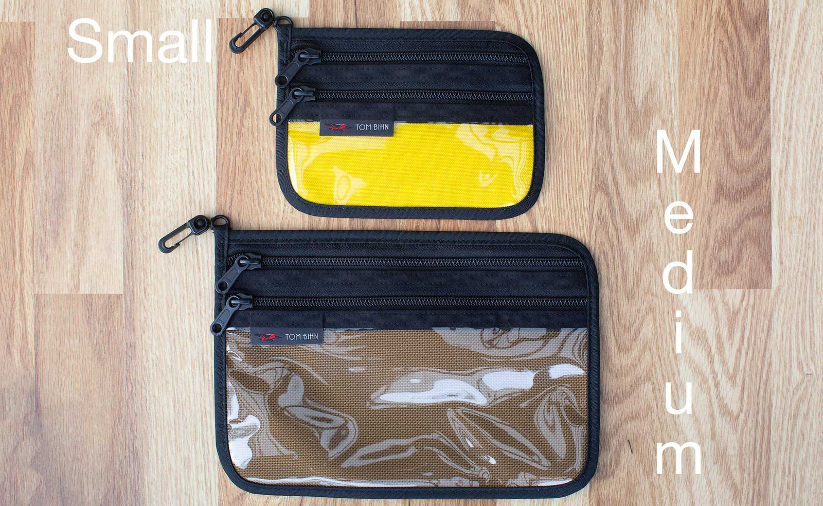 lifestyle visible^^Small Double Organizer Pouch in Canary and Medium Double Organize Pouch in Coyote.