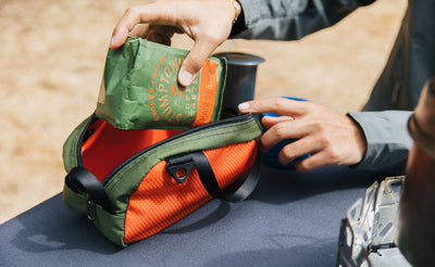 lifestyle visible^^Putting a bag of coffee in the Grab Bag.