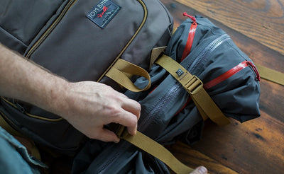 detail visible^^A person using the bottom lashpoints to lash a rain shell to the bottom of the Guide's Edition Synik 22.