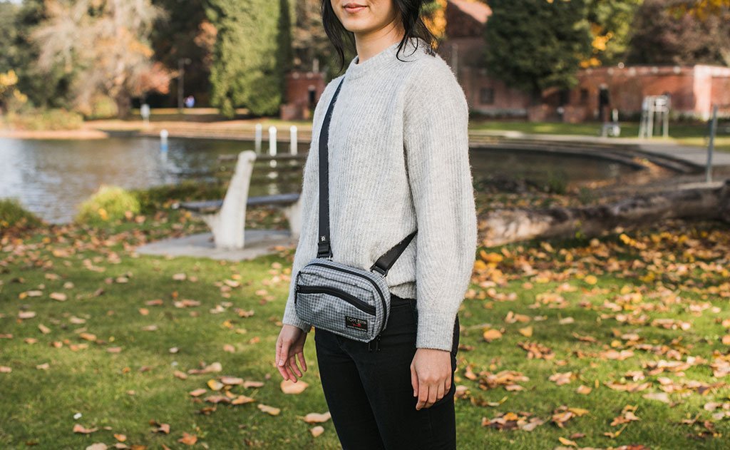 visible lifestyle ^^ A person wearing the HLT1 crossbody with a shoulder strap.