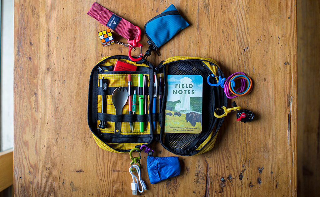 lifestyle visible^^Several Double Carabiners connecting items to o-rings in a Handy Little Thing.