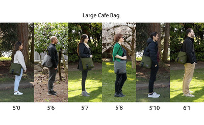 lifestyle visible^^People of varying heights standing side-by-side wearing the Large Cafe Bag.