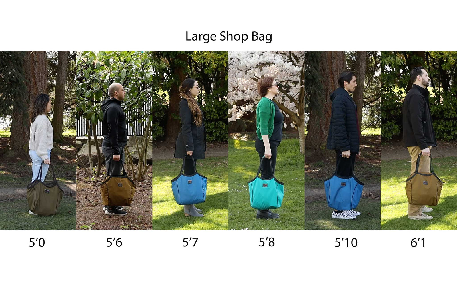 lifestyle visible^^People of different heights standing side-by-side holding Large Shop Bags.