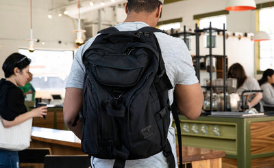 lifestyle visible^^Person wearing a Brain Bag and ordering coffee.