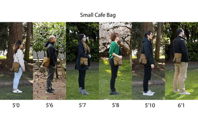 lifestyle visible^^People of different heights standing side-by-side wearing the Small Cafe Bag.