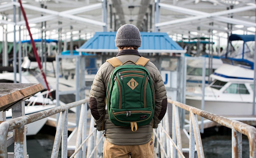 lifestyle visible^^A person wearing a Guide's Edition Synik 22 at a dock.