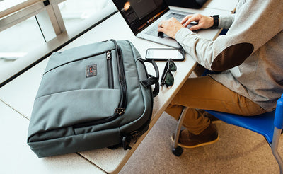 lifestyle visible^^A person doing work on a laptop with their Cadet beside them on the table.