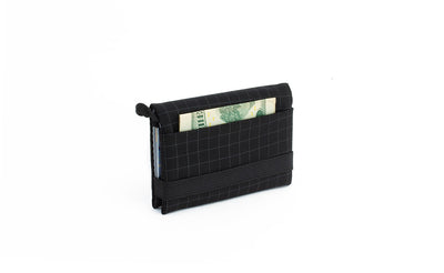 visible variant TB1280-BH^^The Size 4 Nik's Minimalist Wallet in Black (black with grey grid) 400 Halcyon closed with the attached elastic band.