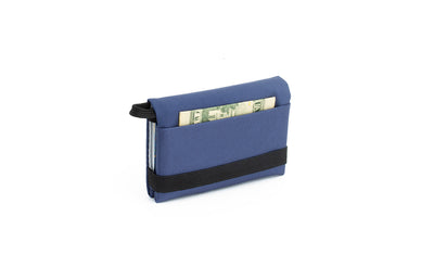 visible variant TB1280-DJ^^The Size 4 Nik's Minimalist Wallet in Dawn (blue-grey) 210 Ballistic closed with the attached elastic band.