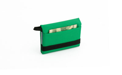 visible variant TB1280-GJ^^The Size 4 Nik's Minimalist Wallet in Grass (bright green) 210 Ballistic closed with the attached elastic band.