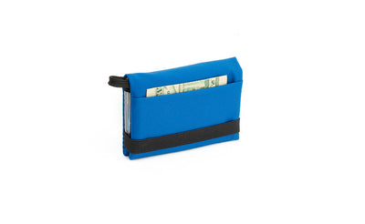 visible variant TB1280-IJ^^The Size 4 Nik's Minimalist Wallet in Island (blue) 210 Ballistic closed with the attached elastic band.