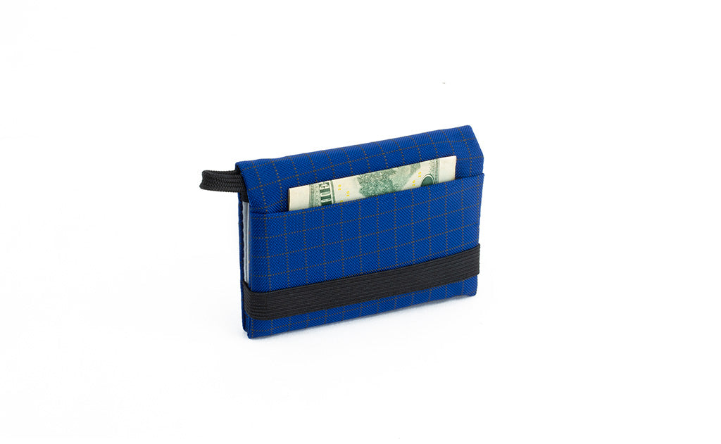visible variant TB1280-DH^^The Size 4 Nik's Minimalist Wallet in Nordic (blue with grey grid) 400 Halcyon closed with the attached elastic band.